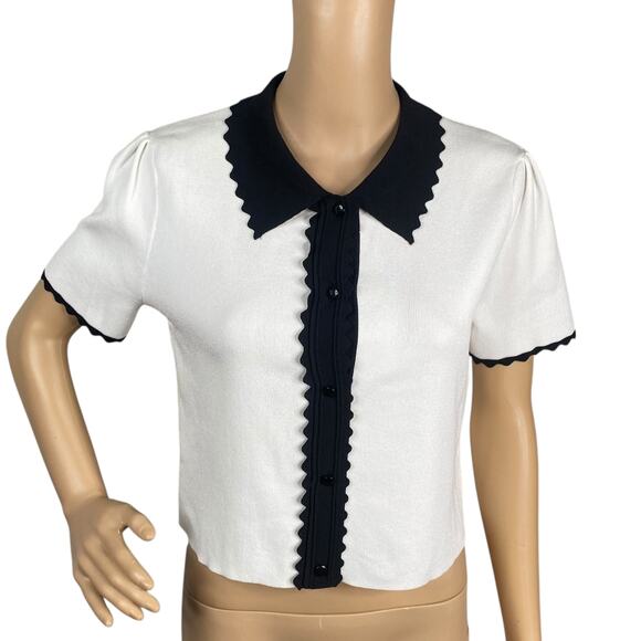 NWT Truth by Republic White Black Ric Rac Trim Collared Short Sleeve Cardigan M - Picture 1 of 8